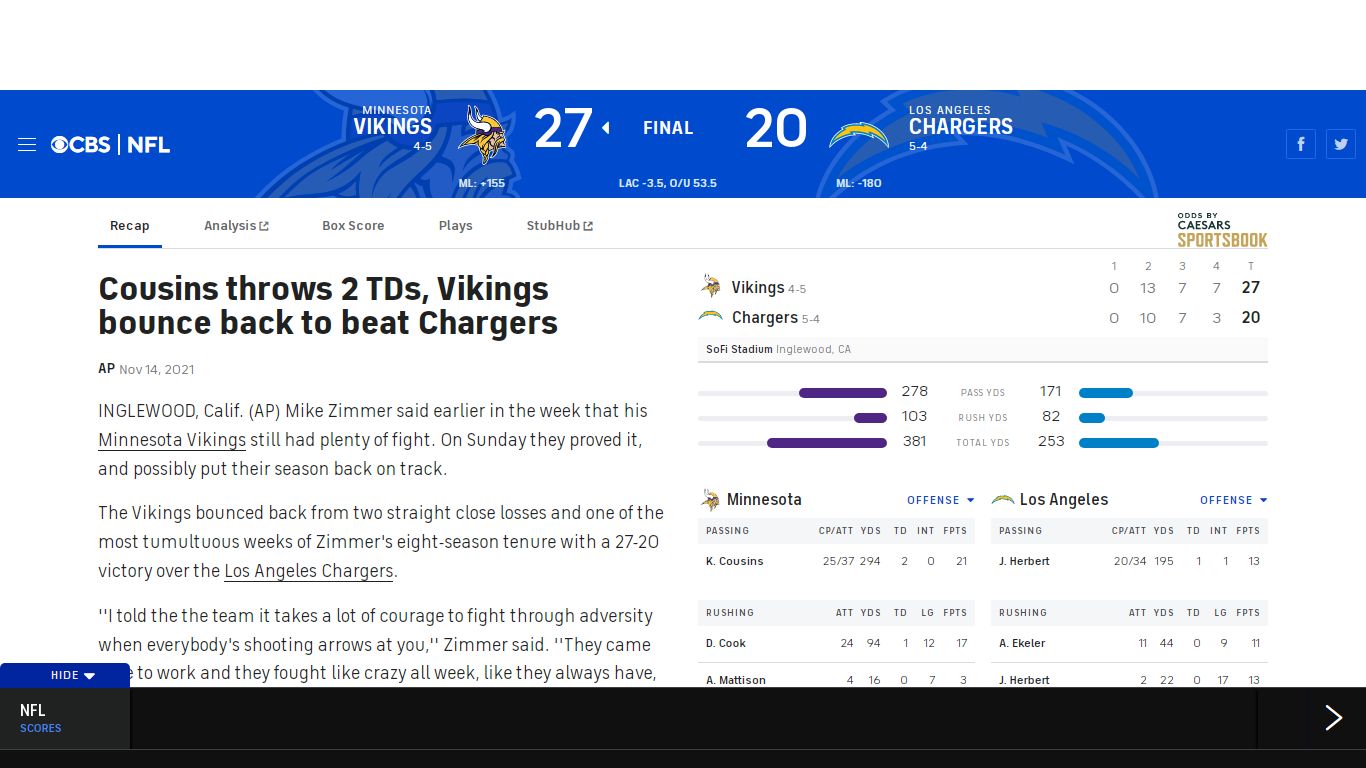 Minnesota Vikings vs. Los Angeles Chargers Live Score and Stats ...